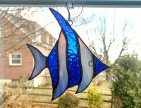 Angel Fish Stained Glass Suncatcher, Iridescent Blue