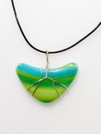 Fused Glass Wire Wrapped Pendant, Green and Blue Swirl