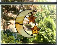 Moon and Stars Stained Glass Suncatcher, Orange and Yellow Swirled Corsica Glass