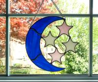 Moon and Stars Stained Glass Suncatcher, Opalescent Glass, Celestial Decor