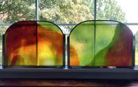 Stained Glass Arched Panels, Set of Two, Mountain Scene