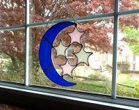 Moon and Stars Stained Glass Suncatcher, Opalescent Glass, Celestial Decor