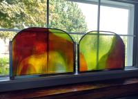 Stained Glass Arched Panels, Set of Two, Mountain Scene