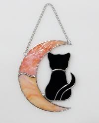 Stained Glass Black Cat on a Crescent Moon Suncatcher