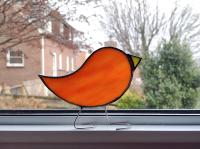 Stained Glass Standing Bird, Orange Swirled Opalescent Glass