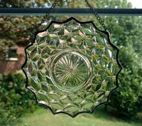 Vintage Glass Plate Window Hanging, Beveled Design