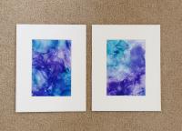 Alcohol Ink Painting Grouping, Set of 2, Purple and Blue Pearlized Fluid Art