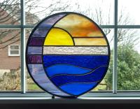 Moon and Sun Over Water Round Stained Glass Panel, Ocean Sunset