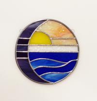 Moon and Sun Over Water Round Stained Glass Panel, Ocean Sunset