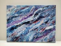 Blue and Purple Waves Abstract Original Acrylic Pour Painting, 9" x 12", Fluid Art Painting