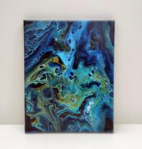 Blue, Green, and Gold Galaxy Abstract Original Acrylic Pour Painting, 8" x 10", Fluid Art Painting