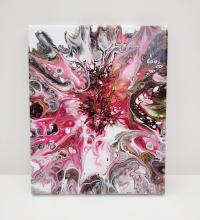 Red, Pink, Black, Gold and White Bloom Abstract Original Acrylic Pour Painting, 8" x 10", Fluid Art Painting