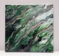 Green, White, Black, and Gold Original Abstract Acrylic Painting, 14" x 14"