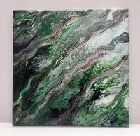 Green, White, Black, and Gold Original Abstract Acrylic Painting, 14" x 14"