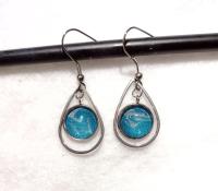 Painted Earrings, Blue and Silver Teardrops