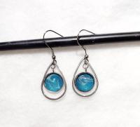 Painted Earrings, Blue and Silver Teardrops