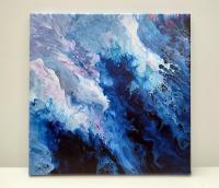 Blue and White Waves Abstract Original Acrylic Pour Painting, 12" x 12", Fluid Art Painting