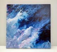 Blue and White Waves Abstract Original Acrylic Pour Painting, 12" x 12", Fluid Art Painting