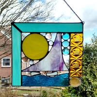 Beach Ocean Sailing Scene Abstract Stained Glass Mixed Media Panel Suncatcher