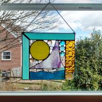 Beach Ocean Sailing Scene Abstract Stained Glass Mixed Media Panel Suncatcher