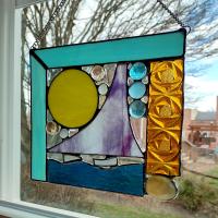 Beach Ocean Sailing Scene Abstract Stained Glass Mixed Media Panel Suncatcher