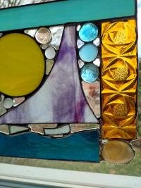 Beach Ocean Sailing Scene Abstract Stained Glass Mixed Media Panel Suncatcher