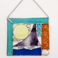 Beach Ocean Sailing Scene Abstract Stained Glass Mixed Media Panel Suncatcher