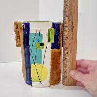 Vintage Hand Crafted Abstract Ceramic Vase or Utensil Holder, Blue Green Yellow Brown Signed Studio Pottery Vessel