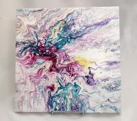 Pink, Purple and Turquoise Blue Abstract Original Acrylic Pour Painting, 12" x 12", Fluid Art Painting