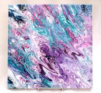 Purple, Turquoise and White Abstract Original Acrylic Pour Painting, 12" x 12", Fluid Art Painting