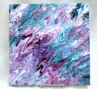 Purple, Turquoise and White Abstract Original Acrylic Pour Painting, 12" x 12", Fluid Art Painting