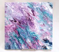 Purple, Turquoise and White Abstract Original Acrylic Pour Painting, 12" x 12", Fluid Art Painting