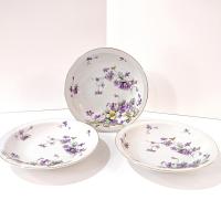 Vintage Meito Adele Orleans Shape Rimmed Soup Bowls, Set of 3, Purple and Yellow Violets Floral Design China