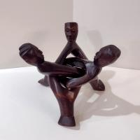 Three Figure Unity Wooden Interlocking Holder, African Tribal Wood Art Figurine, Plant Stand
