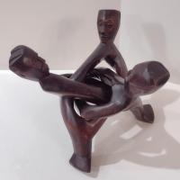 Three Figure Unity Wooden Interlocking Holder, African Tribal Wood Art Figurine, Plant Stand