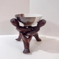 Three Figure Unity Wooden Interlocking Holder, African Tribal Wood Art Figurine, Plant Stand