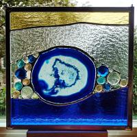 Stained Glass and Agate Geode Mixed Media Abstract Window Panel Suncatcher