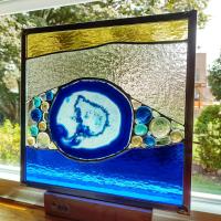 Stained Glass and Agate Geode Mixed Media Abstract Window Panel Suncatcher