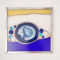 Stained Glass and Agate Geode Mixed Media Abstract Window Panel Suncatcher