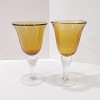 Vintage Hand Blown Amber Bubble Glass Wine Water Goblets, Set of 2