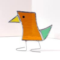Stained Glass Standing Bird, Funky Amber Orange and Green Glass Bird Suncatcher, Bird Lover Gift, Windowsill Sitter