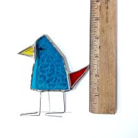 Stained Glass Standing Bird, Funky Turquoise Blue and Red Glass Bird Suncatcher, Bird Lover Gift, Windowsill Sitter