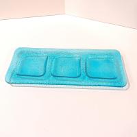 Vintage Aqua Blue Glass Three Sectioned Sauce Dish, Sushi Sauce Tray, Votive Candle Holder Tray, Potted Plant Under Dish