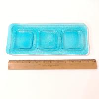 Vintage Aqua Blue Glass Three Sectioned Sauce Dish, Sushi Sauce Tray, Votive Candle Holder Tray, Potted Plant Under Dish