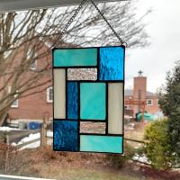 Aqua Blue Geometric Stained Glass Panel Suncatcher, Mondrian Stained Glass Art, Custom Colors Available