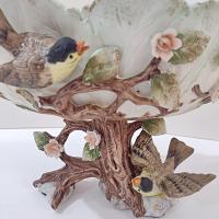Vintage Ardalt Lenwile China Hand Painted Ceramic Bisque Planter Bowl with Birds, Pink Roses, and Tree Theme