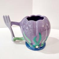 Vintage Disney Parks Little Mermaid Ariel Ceramic Mug, Purple and Red Starfish Shell Mug with Trident Handle