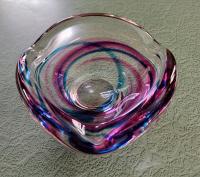 Vintage Signed Maastricht Blown Glass Ash Tray, Blue and Pink Bowl, Midcentury Modern Art Glass