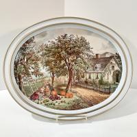 Vintage Currier and Ives American Homestead Autumn Oval Metal Serving Tray