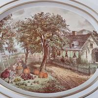 Vintage Currier and Ives American Homestead Autumn Oval Metal Serving Tray